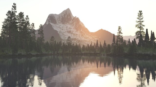 Lake among the mountains, forest lake, snowy peak, mountain lake, alpine landscape, 3D rendering