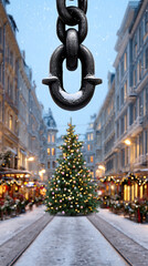 Naklejka premium Snowy winter street christmas market city tram track metal chain crane hook pine tree holiday light evening snowfall urban building festive decoration warm atmosphere cozy shop outdoor stall