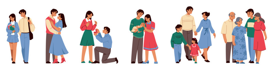 Big family. Grandparents house, happy couple and granny care for baby girl, boy and father work. Mother at home. Old and young characters. Generations parenthood concept. Vector cartoon set