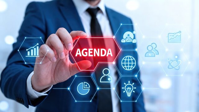 Business professional interacts with digital agenda interface featuring icons for data, global connectivity, and innovation - Powered by Adobe