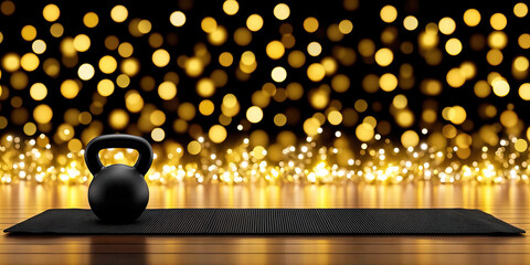 Fitness kettlebell yoga mat exercise workout gym training strength glowing fitness kettlebell yoga mat with bokeh light background wooden floor, festive workout motivation and wellness concept