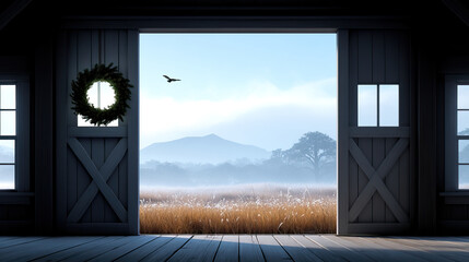 Fototapeta premium Rustic barn door wreath open doorway foggy field morning mist mountain landscape flying bird countryside soft light wooden interior autumn meadow Rustic barn door wreath framing open doorway to