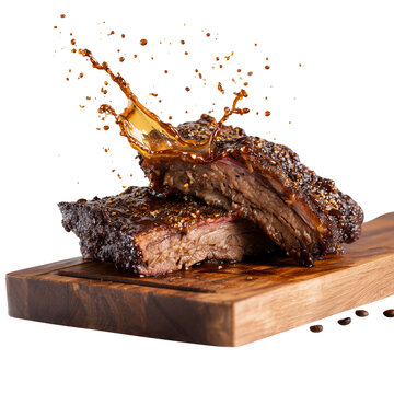 Barbecue Smoked Brisket Slice with Coffee Splash on Wooden Board - Bold Flavor Isolated on Transparent Background