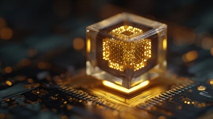 Glowing golden cube processor on dark circuit board symbolizing futuristic quantum computing and advanced digital data technology