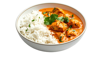 A bowl of Indian curry with white rice, garnished with cilantro