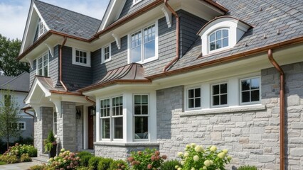 Elegant modern home exterior with stone facade and landscaped garden