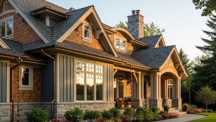 Charming luxurious suburban house with elegant architectural details and lush