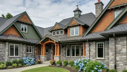 Stunning architectural residence featuring a blend of stone and wooden design