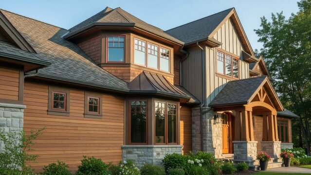 Elegant modern wooden house with stone accents and lush greenery