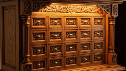 Close up of an ornate wooden apothecary cabinet with small drawers. Antique furniture with intricate floral carvings and warm lighting. Traditional craftsmanship and storage concept