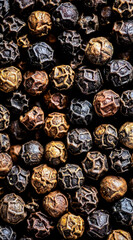Close up black peppercorns showing natural spice texture and organic food detail