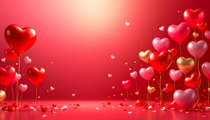 valentine’s Day sale banner with floating balloons, glowing hearts, and gradient red background.