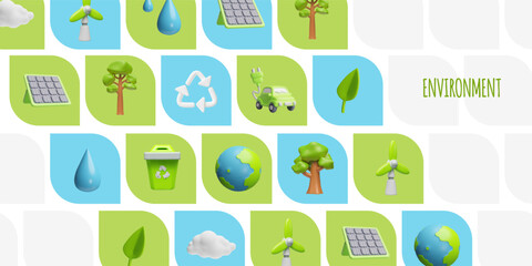 Environment, green energy 3D cartoon style vector banner design, solar panel, electric car, windmill, recycle sign