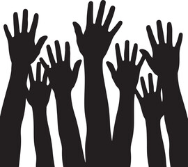 Obraz premium Silhouette of many raised hands reaching upward in unity or voting