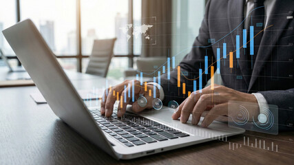 Businessman analyzing financial technology data for investment integration using laptop in modern office, visualizing digital charts, market trends, and fintech insights for economic strategy.