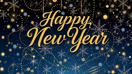 Elegant golden script text wishing happy new year against a deep blue background filled with falling snowflakes and sparkling lights for festive celebration