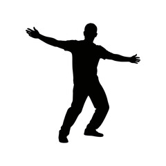 The silhouette of a young man dancing on white background