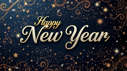 Elegant golden and diamond script wishing happy new year against a dark blue background filled with sparkling confetti and festive swirls