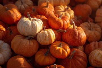 A close-up, shallow depth-of-field shot of a large pile of small, bumpy, bright orange pumpkins and gourds, suggesting a fall harvest or market scene.