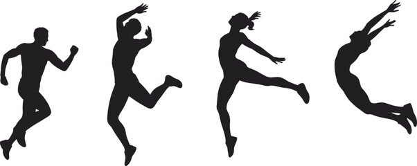 Silhouettes of dynamic human movement in athletic, dance, and artistic poses captured in energetic black shapes on white background