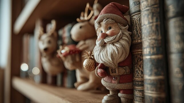 A close-up of a festive bookend with a holiday figure,