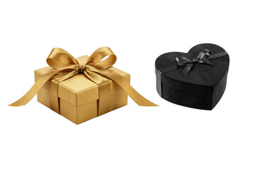 Elegant golden square gift box and sophisticated black heart-shaped present with ribbon