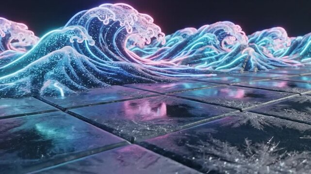 Glowing wave crashing on dark stone tiles at night