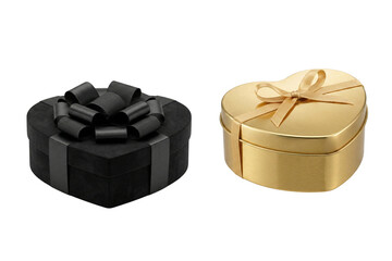 Elegant black velvet and shiny gold heart-shaped gift boxes with bows on a white background