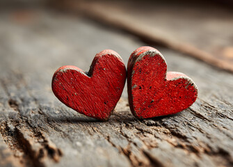 Fototapeta premium Valentines day background with two red hearts on wooden background