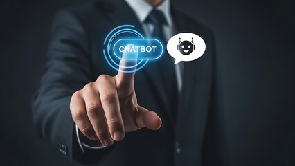 A person in a suit presses a glowing virtual button labeled 'chatbot' for customer service.