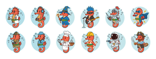 Obraz premium Funny Red Seahorse Characters Performing Different Human Professions