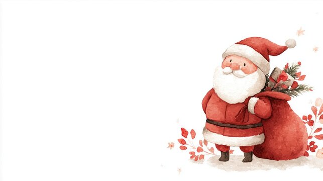 A cheerful Santa Claus in a watercolor cartoon style promotes holiday marketing campaigns with gifts and festive winter decorations.