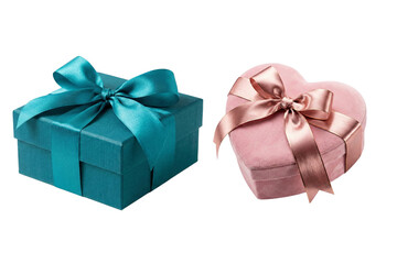 A pair of elegant gift boxes, one teal and one pink heart-shaped, perfect for special occasions