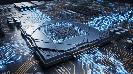 A closeup view of a futuristic central processing unit CPU on a dark circuit board illuminated by vibrant blue glowing data streams representing highspeed information flow and advanced digital techno. - Powered by Adobe