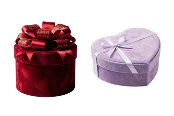 Elegant red round velvet gift box and a charming purple heart-shaped present box with ribbons