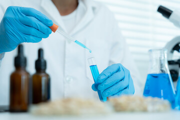 Fototapeta premium Scientist check chemical whole grains residues in laboratory. Control experts inspect the concentration of chemical residues. hazards, standard, prohibited substances, contaminate, Microbiologist