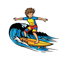 Fototapeta premium Young surfer riding a wave with a surfboard in the ocean.
