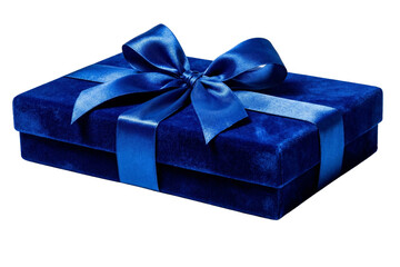 A luxurious deep blue velvet gift box adorned with a shimmering satin ribbon bow