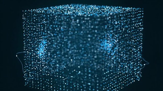 Dynamic abstract visualization of data processing and interconnected digital networks within a glowing particle cube, symbolizing advanced technology and future concepts