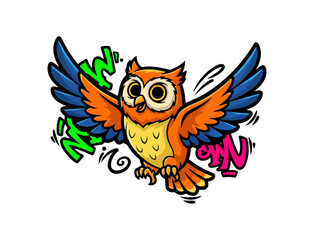 Fototapeta premium Cartoon Owl with Colorful Wings and Graffiti Style Text.