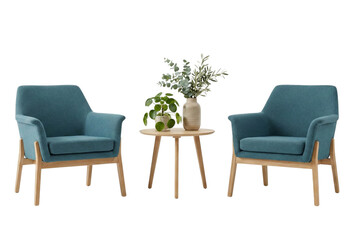Inviting teal armchairs with a wooden side table and lush green plants on a white background