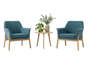 Inviting teal armchairs with a wooden side table and lush green plants on a white background