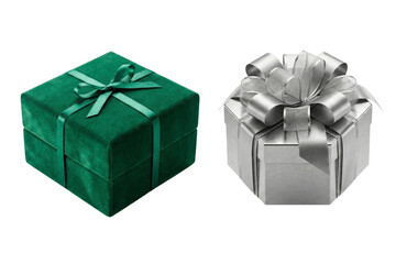 Elegant green velvet and shiny silver octagonal gift boxes with ribbons and bows