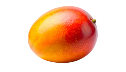 A ripe, colorful mango with a glossy peel against a solid black background