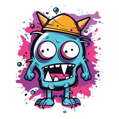Shocked Blue Cartoon Monster with Horned Helmet and Vibrant Paint Splashes (AI Generated)