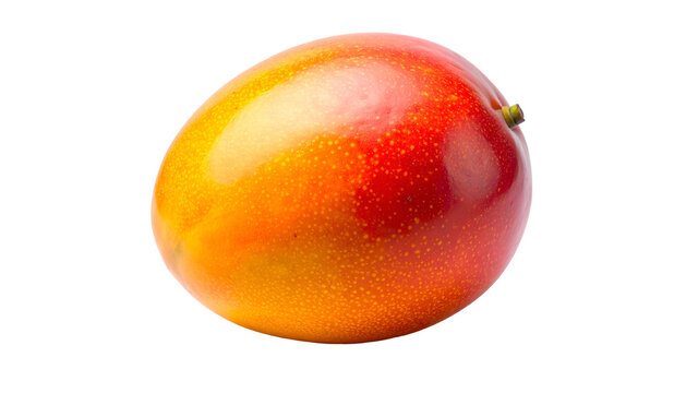 A ripe, colorful mango with a glossy peel against a solid black background