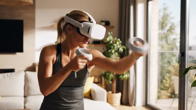 Woman enjoying virtual reality workout with VR headset and controllers at home.