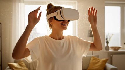 Woman experiencing virtual reality in her living room with VR headset.