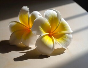 Two Plumeria Flowers in Sunlight.