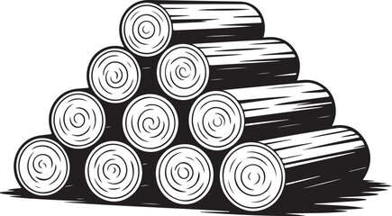 Detailed out line art of stacked firewood logs with visible bark texture isolated on white background